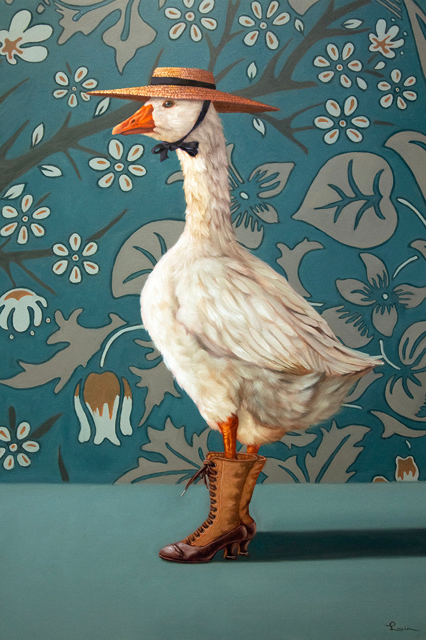A stylized painting of a white goose wearing a brown hat with a black bow tie and brown lace-up boots, standing against a teal floral wallpaper background.