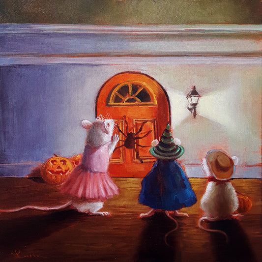 A painting depicting three mice in costumes, one knocking on a door, another looking up, and a third to the side, with a spooky light and background suggesting a Halloween theme.