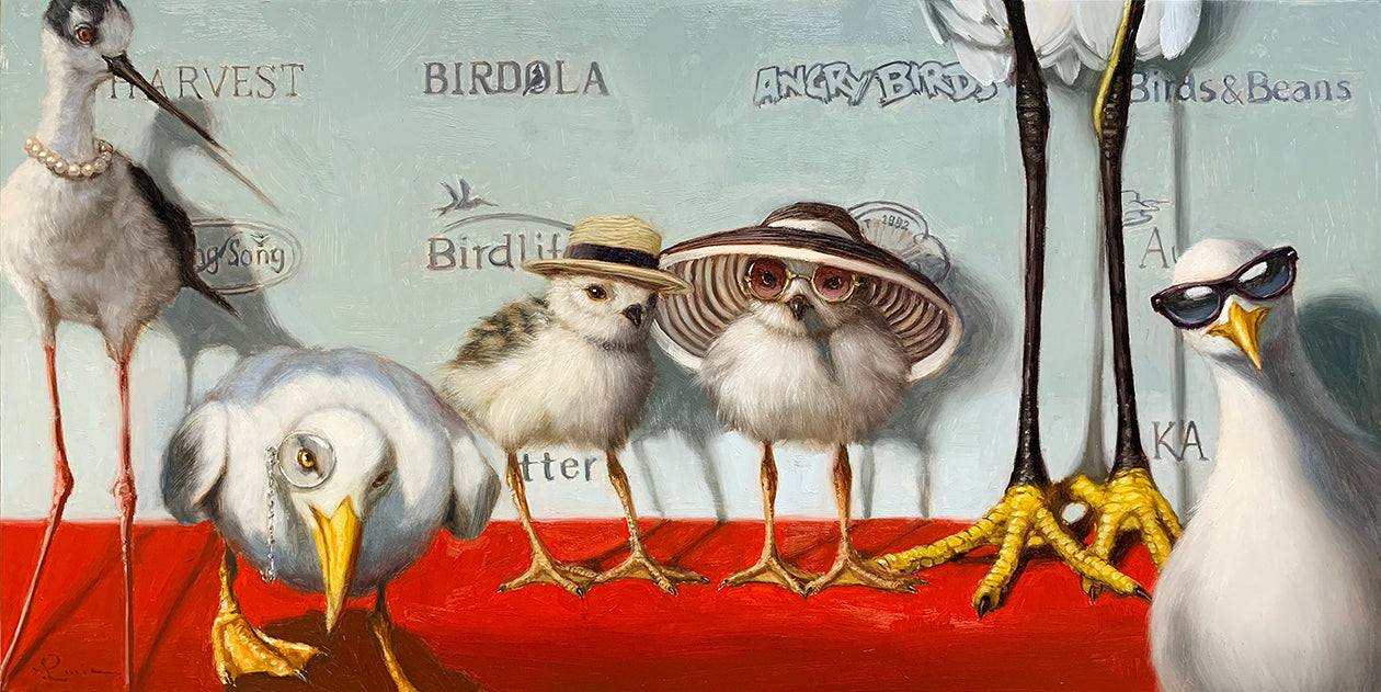 A painting featuring two stylized chicken characters, one adult and one juvenile, wearing hats and sunglasses, on a red background.