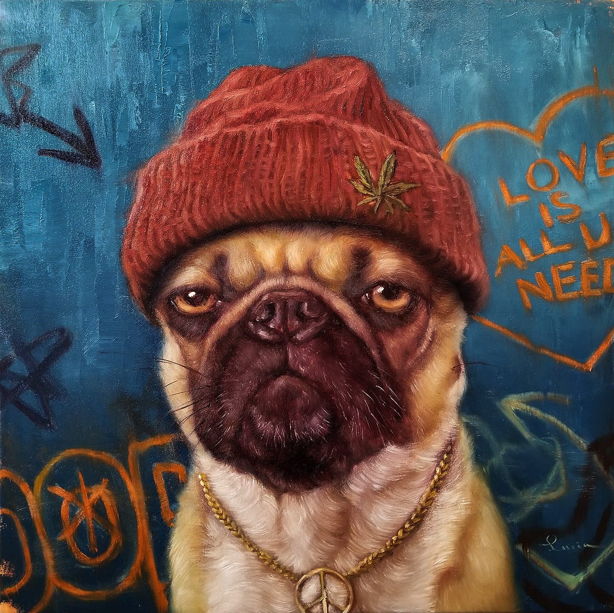 An oil on canvas painting of a dog wearing a red beanie and a gold chain, with a graffiti-style background.