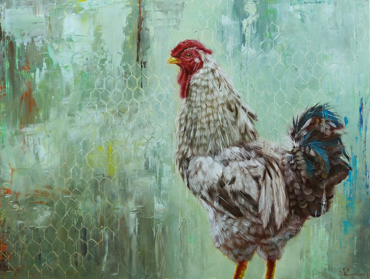 An oil painting on canvas of a red-colored chicken with a white comb, titled 'The General'.