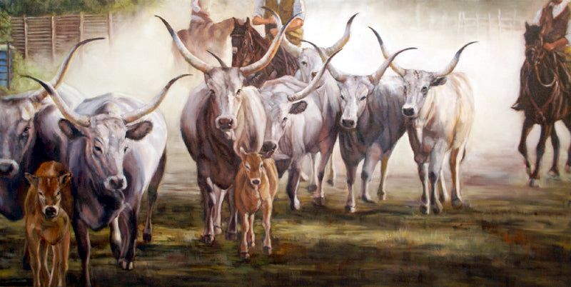 A painting of a herd of long horned cattle on a grassy plain, with a mix of adult and calf cows.