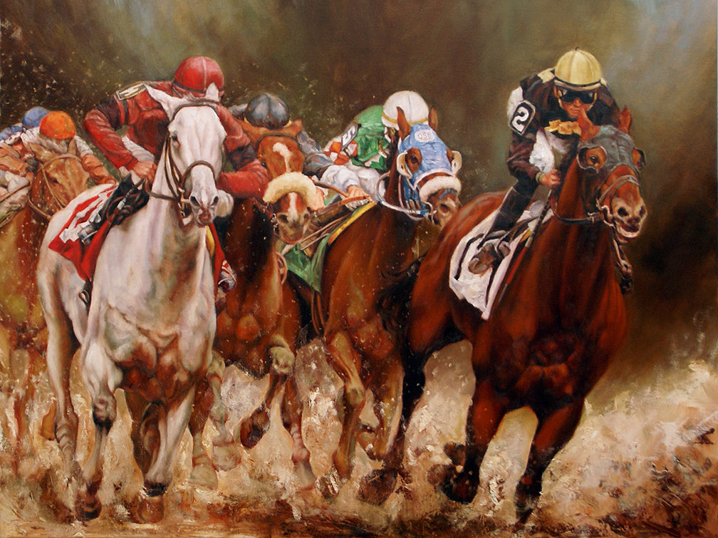 An oil painting of horses and jockeys in a race, with a blurred background.