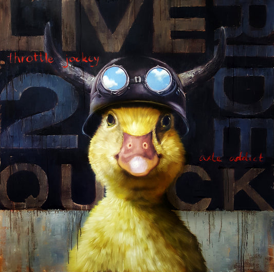 A painting of a bird wearing a black helmet and goggles, with a text-based background saying 'Live Fast, Die Easy' and other phrases.