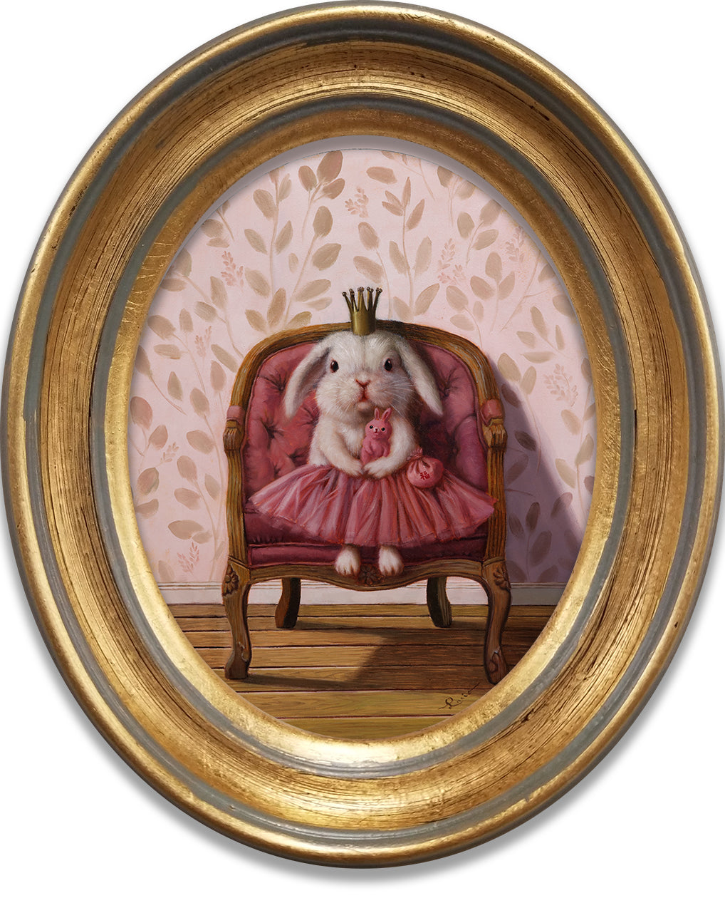 A giclée print on canvas depicting a stylized rabbit seated in a chair, dressed in a pink outfit, with a golden oval frame.