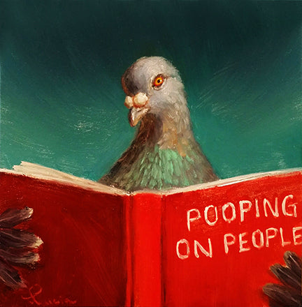A painting of a pigeon perched on an open book with the title 'POOPING ON PEOPLE' held by two hands.
