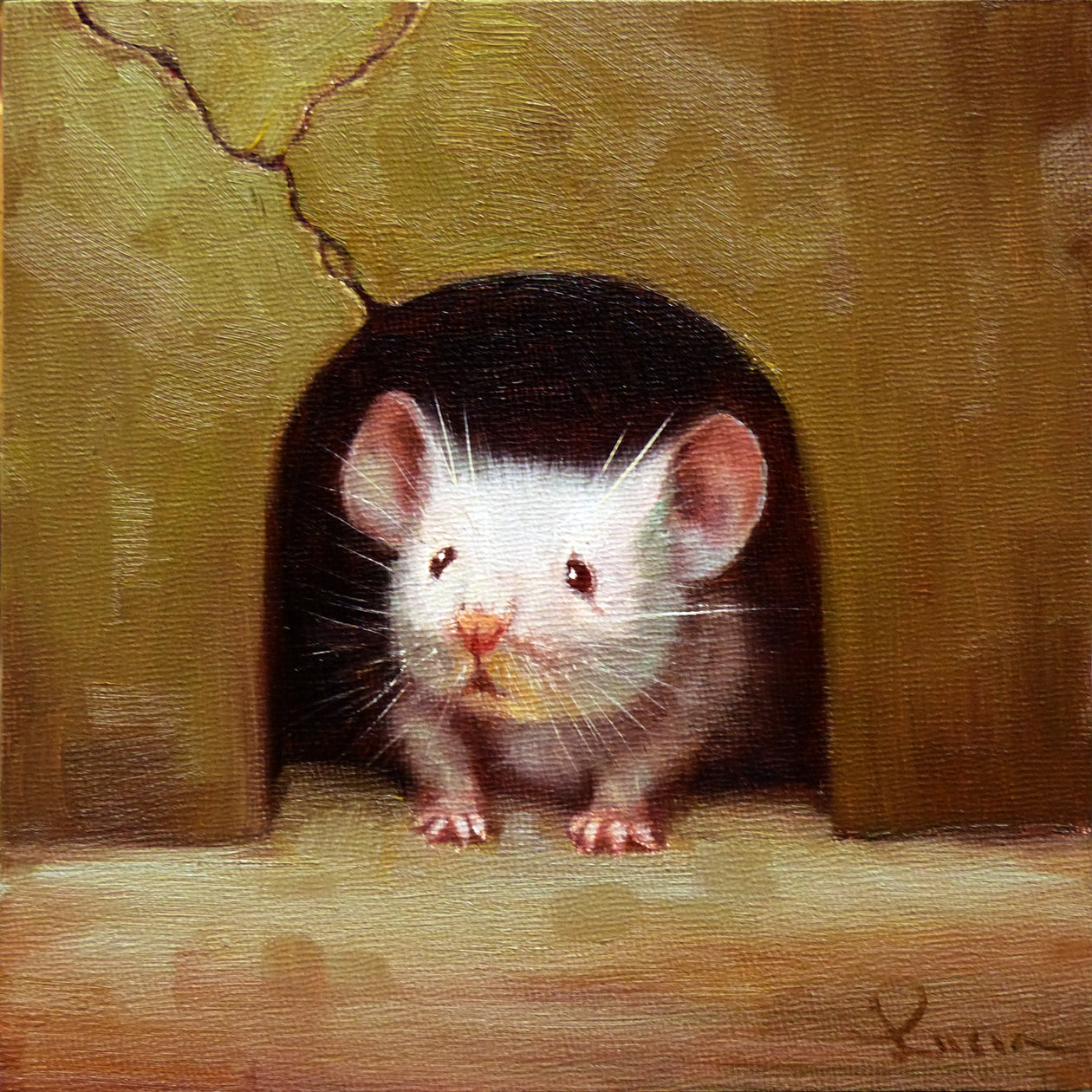 A painting of a small mouse peeking out from a hole, with a yellowish-brown background and a greenish-brown roof.