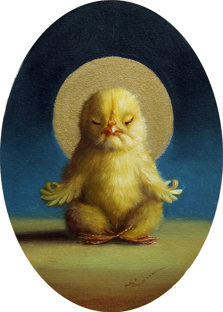 A painting of a chick with its eyes closed, sitting in a cross-legged position, resembling a yoga pose, against a blue background.