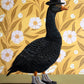 A stylized painting of a black goose wearing a black top hat, orange beak, and black shoes, standing against a yellow floral wallpaper background.