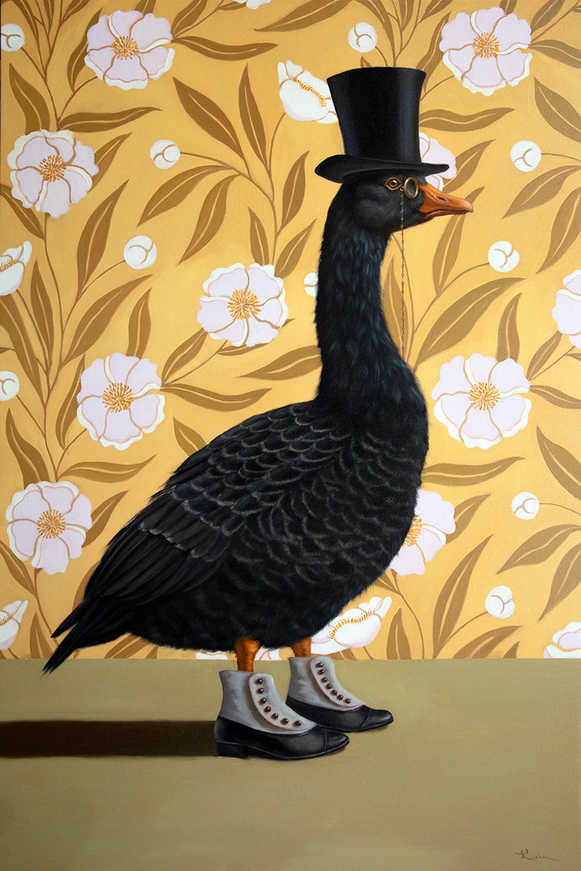 A stylized painting of a black goose wearing a black top hat, orange beak, and black shoes, standing against a yellow floral wallpaper background.