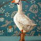 A stylized painting of a white goose wearing a brown hat with a black bow tie and brown lace-up boots, standing against a teal floral wallpaper background.