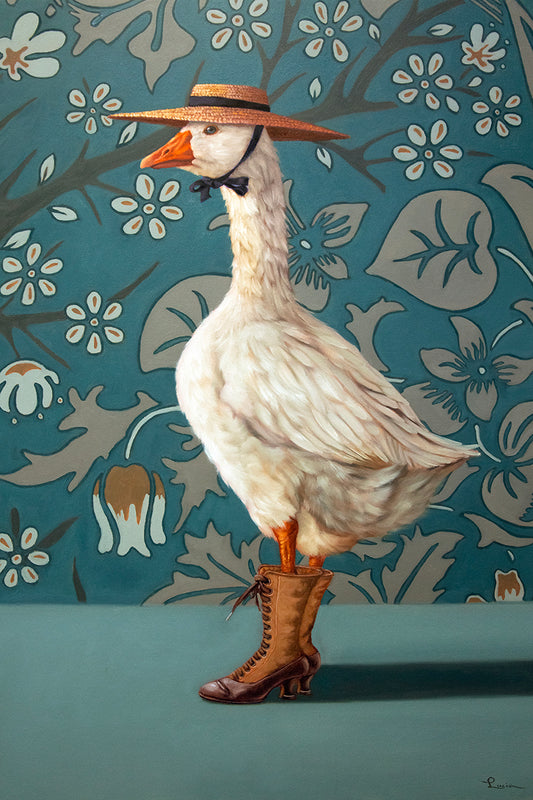 A stylized painting of a white goose wearing a brown hat with a black bow tie and brown lace-up boots, standing against a teal floral wallpaper background.