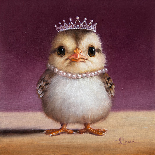Painting of a chick wearing a tiara and pearl necklace on a purple background