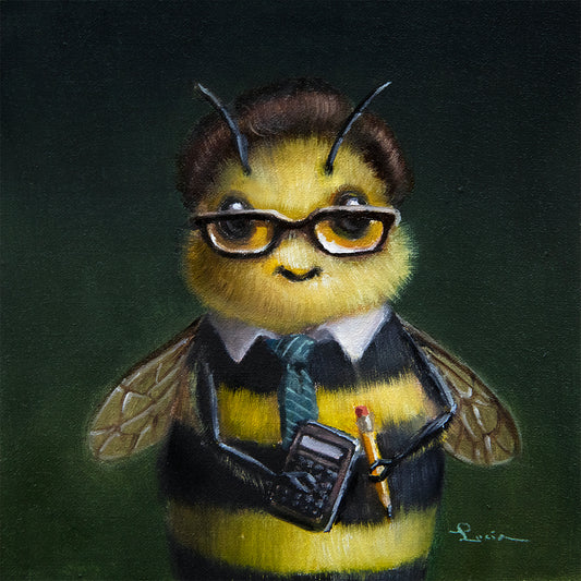 Illustration of a bee wearing glasses, a sweater, and holding a calculator and pencil.