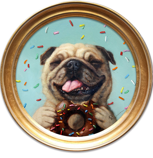 A painting of a pug dog with a donut, surrounded by colorful sprinkles on a golden background.