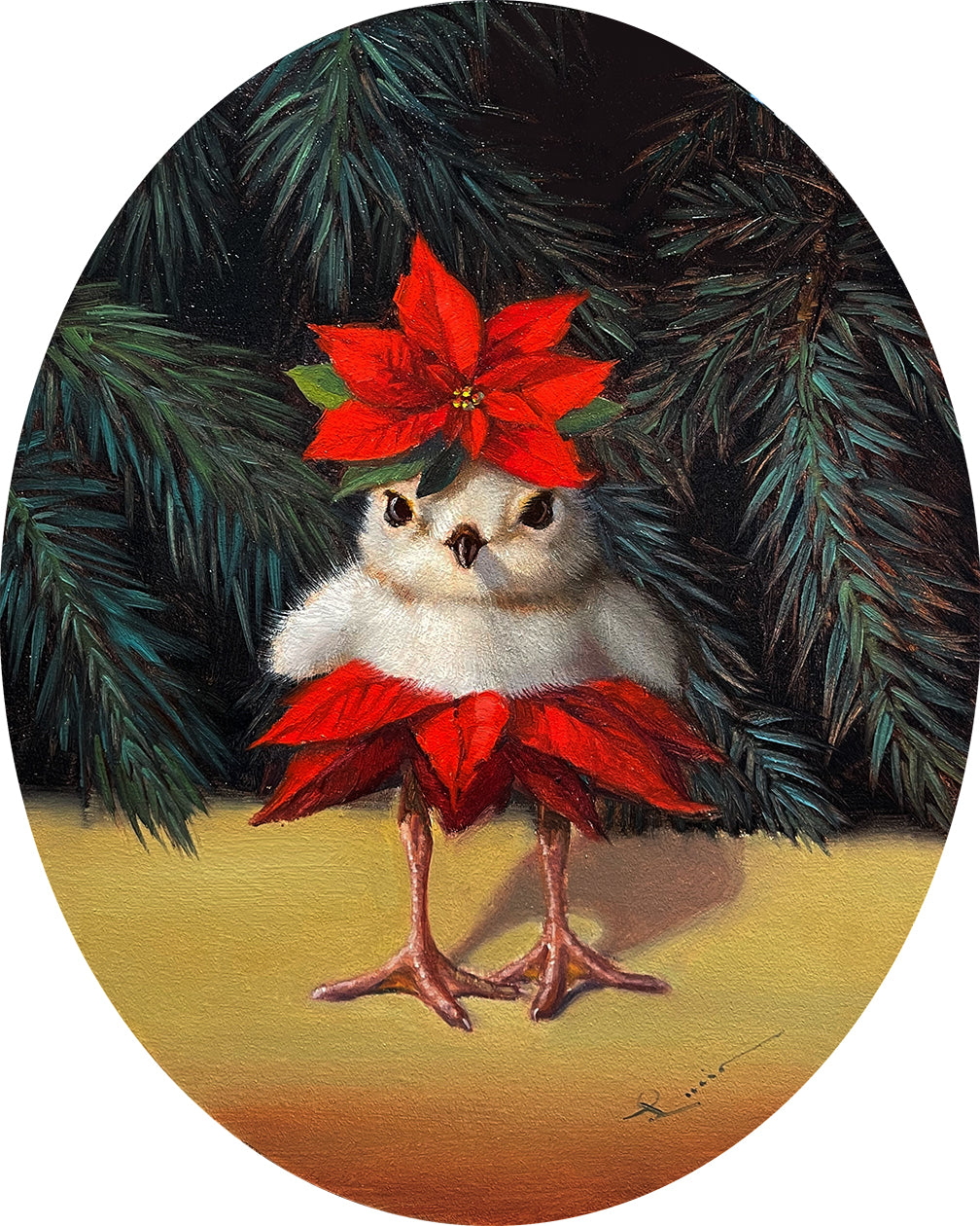 A painting of a bird with a red flower on its head, standing in front of a green pine tree.