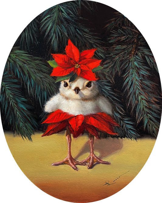 A painting of a bird with a red flower on its head, standing in front of a green pine tree.