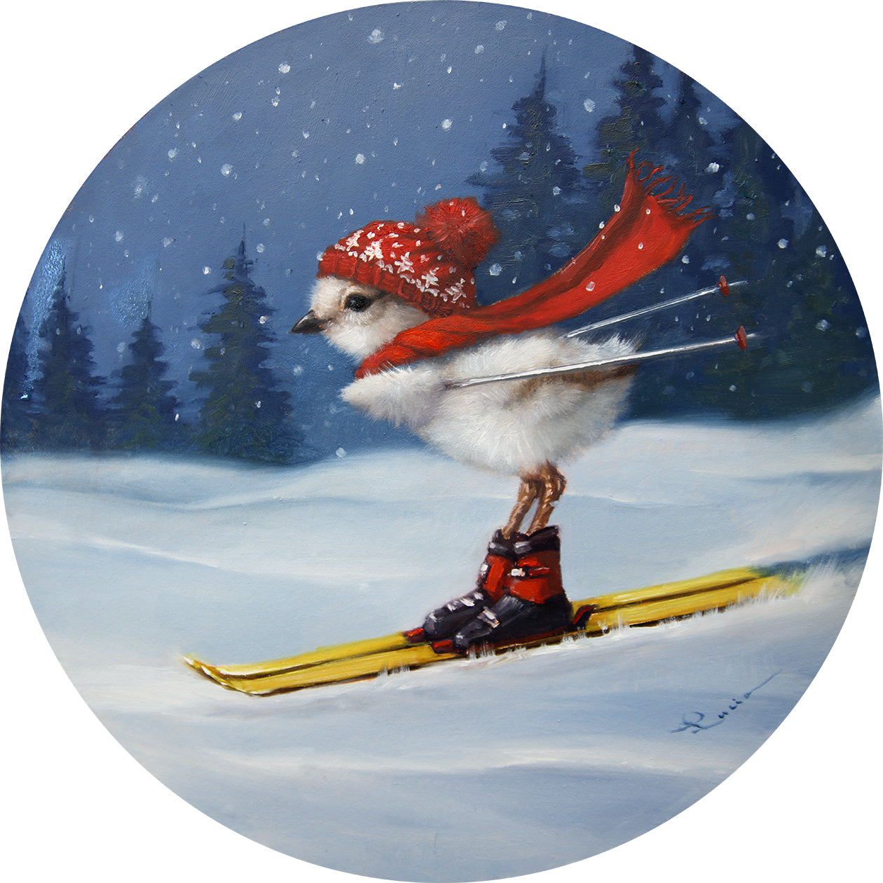A painting of a bird wearing a red hat and a red scarf, skiing in a snowy landscape with trees in the background.