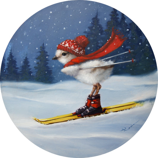 A painting of a bird wearing a red hat and a red scarf, skiing in a snowy landscape with trees in the background.