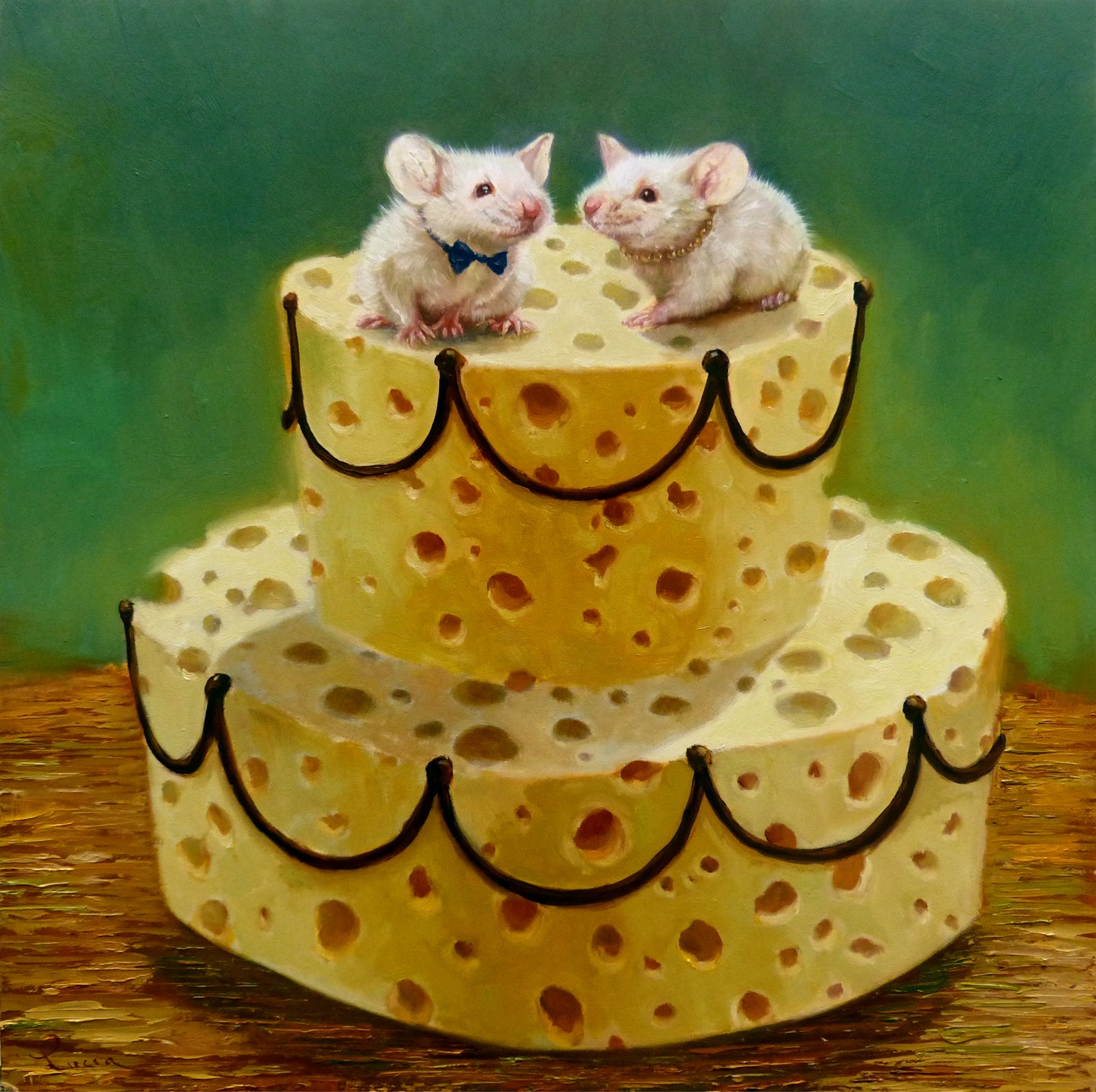 A painting of two bride and groom mice on top of a cheese-shaped wedding cake, with a green background.