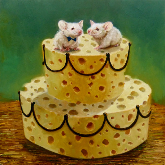 A painting of two bride and groom mice on top of a cheese-shaped wedding cake, with a green background.