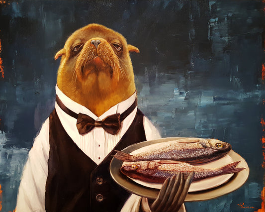 An oil painting depicting a stylized walrus in a human-like suit holding a plate with two fish on it, against a blue background.