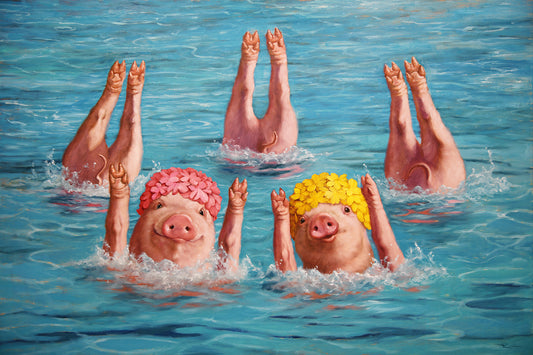 A painting of multiple pink piglets in a pool, with and without swim caps, depicted in a vibrant, playful style.