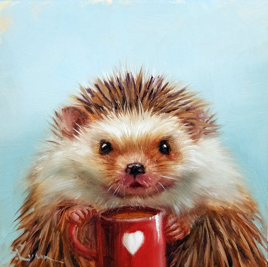 An oil on canvas painting of a hedgehog holding a red mug with a heart design, against a blue background.